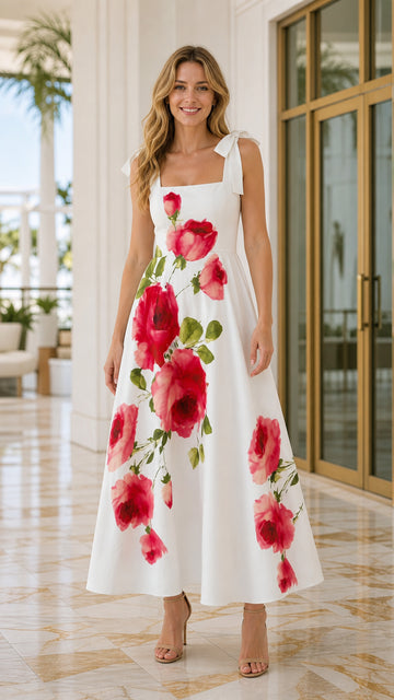 Women's Square Neck Floral Print Tie-Strap Maxi Dress