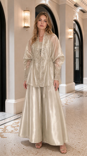 Embroidered Metallic Sheer Overcoat and Wide-Leg Pants Set