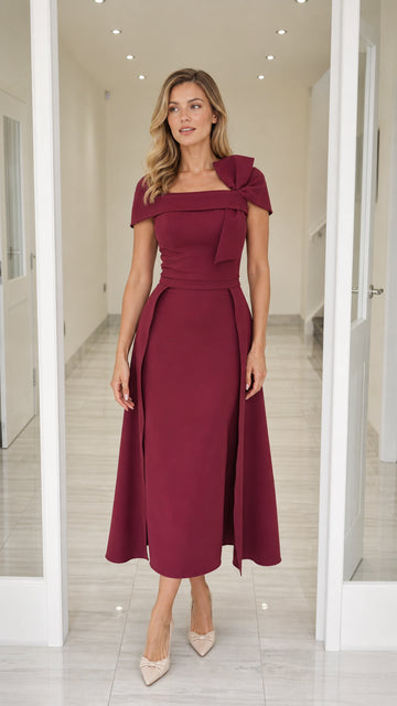 Elegance Bow Accent Square Neck Midi Dress