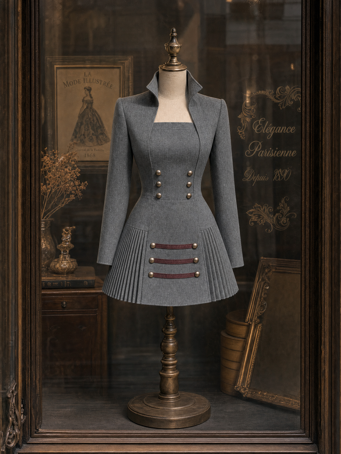 Vintage Pleated Spliced Color‐block Thin Wool Mini Dress