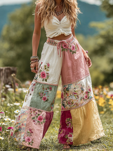 Women's Vintage Floral Patch Linen Casual Wide Leg Pants
