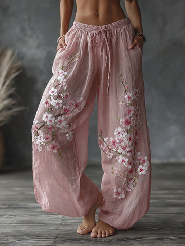 Women's Japanese Floral Pattern Linen Pants