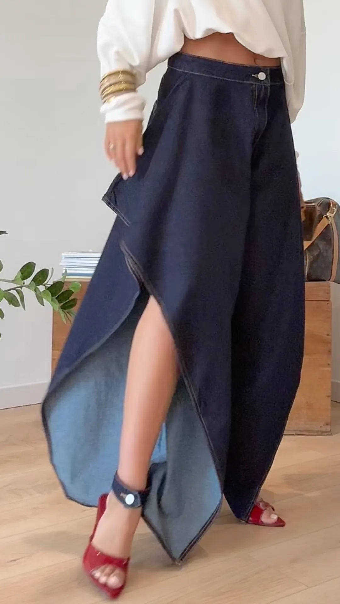 Denim Irregular Ruffled Flare Jeans