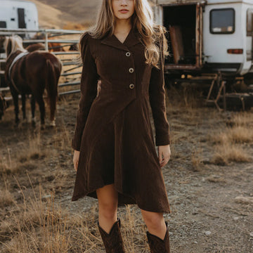 Women's Retro Western Style Corduroy Vertical Stripe Fabric V-Neck Lapel Dress