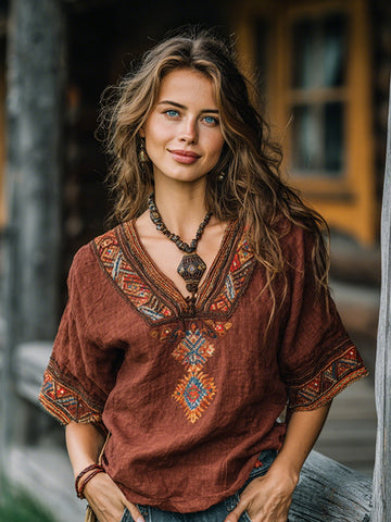 Women's Vintage Vacation Boho Tribal Ethnic Print V-neck Linen Blend Tops
