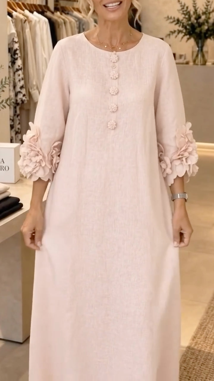Pink Linen Midi Dress With 3D Floral Cuffs