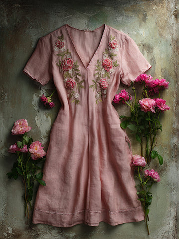 Retro Rose Pattern Short Sleeve Mini Dress