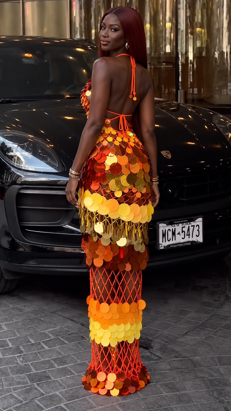 Gradient Sequin Fringe Halter Maxi Dress