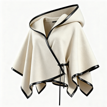 Women's Elegant Beige Cape Jacket Ponchoswith Black Trim And Asymmetric Collar