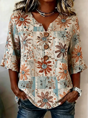 Women's Bohemian Vintage Floral Art Print Flowy Casual Tops