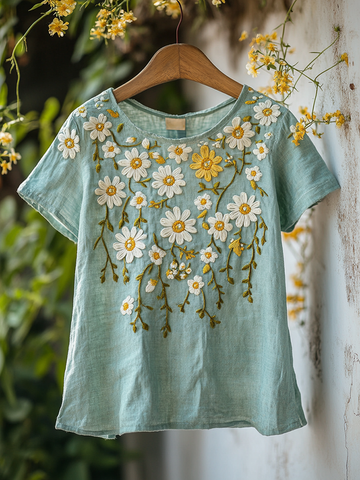 Floral Embroidered Round Neck Linen Blend T-shirt