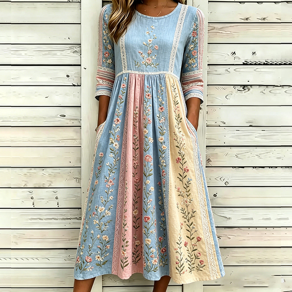 Vintage Pink Floral Art Embroidery Patchwork Comfortable Cotton Linen Distressed Crew Neck Dress