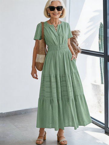 Cotton Fashion V-neck Pleated Bubble Sleeves Layered Pendulum Dress Women