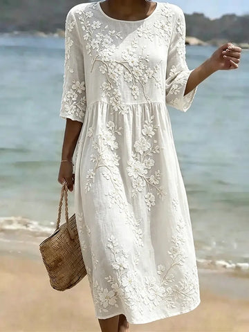 Women's Japanese Sakura Print Crew Neck Midi Dress