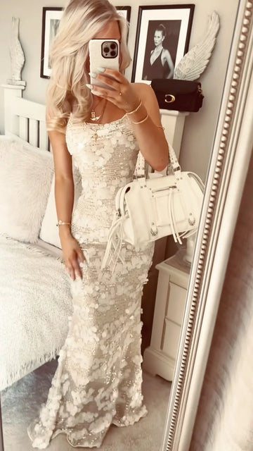 White 3D Petal Sequin Mermaid Gown