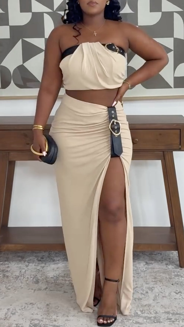 Strapless Buckle Crop Top And Slit Maxi Skirt Two Piece Set