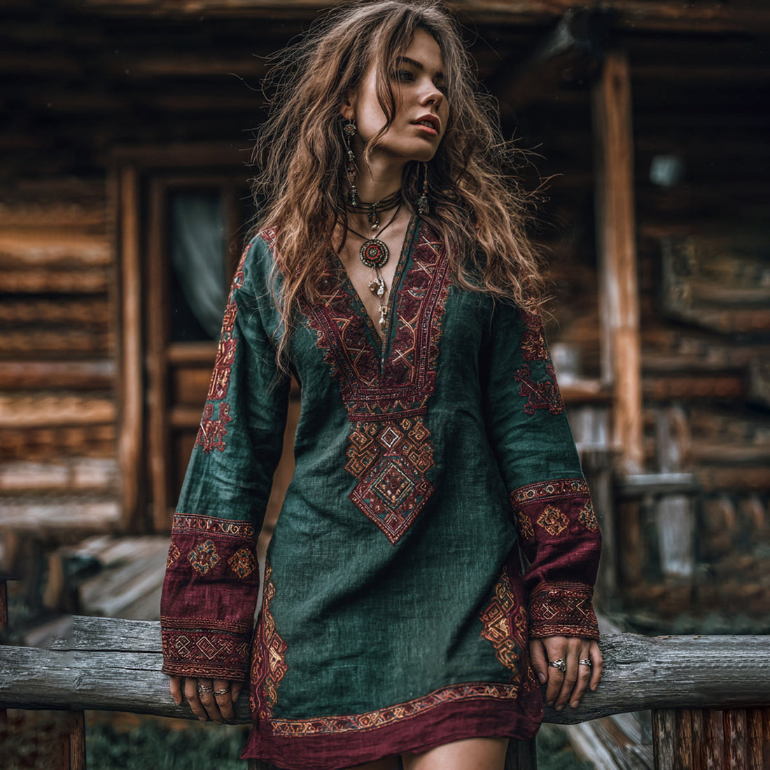 Women's Boho Tribal Ethnic Print V-neck Linen Blend Long Sleeve Dress