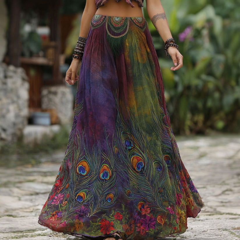 Women's Retro Elegant Peacock Feather Floral Embroidery Art Linen Blend Casual Midi Skirt