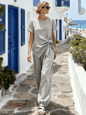 Women's Round Neck Pleated Short-Sleeved Suit With Tie Detail