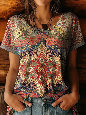 Women's Retro Colorful Ethnic Floral Art Print Crew Neck Cotton T-shirt