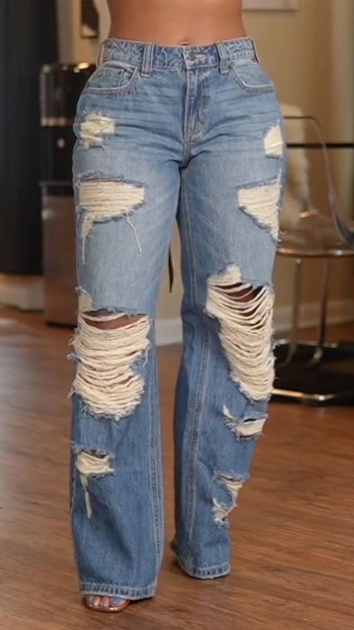 Ripped Distressed Wide‐Leg Jeans