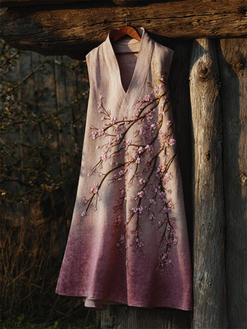 Japanese Cherry Blossom Embroidered Gradient Linen Dress