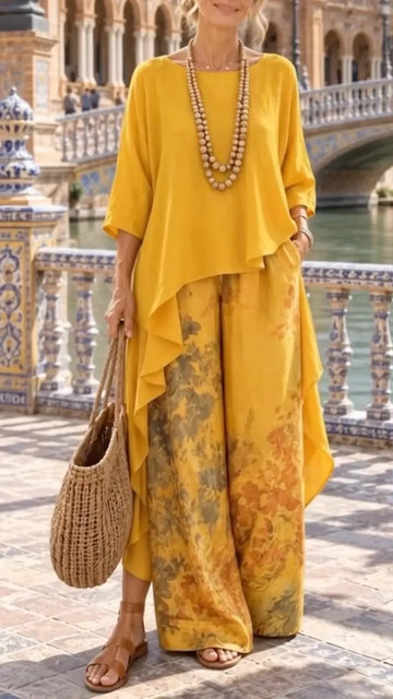 Ruffle Top And Floral Wide Leg Pants Linen Two Piece Set