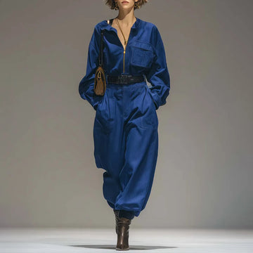 Exquisite Casual Urban Front Zipper Blue Cotton Loose Work Jumpsuit