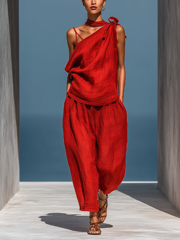 Women’s RedTwo-Piece Set: Asymmetrical One-Shoulder Top (Without Neck Scarf) & Wide-Leg Pants With Pockets MDZ2201D4T