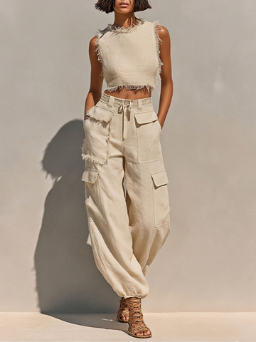 Women's Beige Linen-Blend Two-Piece Set With Frayed Crop Tank & Cargo Joggers, Timeless Casual Summer Outfit MDZ2979E8LYL