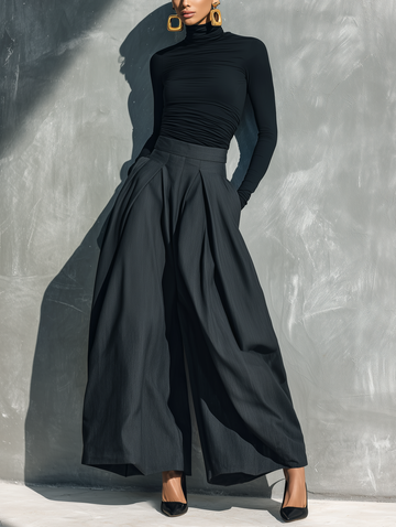 Women's Casual 2-Piece Set Black Stretch-knit Long-sleeve Top And Dark Gray Woven Wide-leg Trousers MDZ2470G8LXY