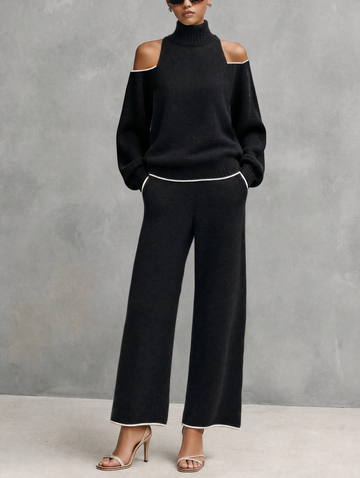 Women's Casual 2-Piece Set Black Long-sleeved Knit Top And Trousers MDZ3065G8LXY