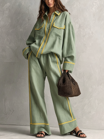 Women's Elegant Light Green Cotton-Linen Long-Sleeved Top And Trousers Two-Piece Set MDZ1456H7LXY