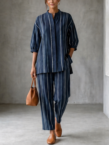Women's Casual Blue And White Striped Cotton-Linen Shirt And Pants Two-Piece Set MDZ1931H5LXY