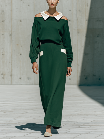 Women's Cold Shoulder Polo Collar Green Skirt Set MDZ1929H8YZJ