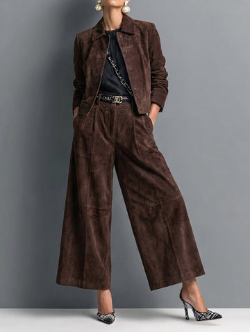 Women's Retro Faux Suede Jacket And Wide-Leg Trousers Set MDZ1985H4WY