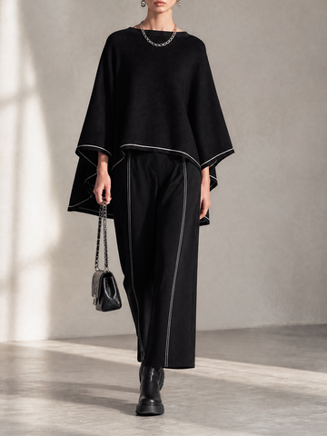 Women's Elegant Contrast-Piping Boat-Neck Cape-Sleeve Top & High-Waisted Wide-Leg Trouser Set MDZ2152H7CMX