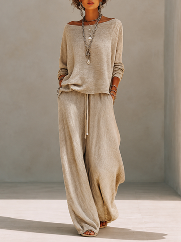 Women's Casual Wool-Knit Boat-Neck Dropped-Shoulder Long-Sleeve Sweater & Drawstring Wide-Leg Trouser Set MDZ1810H2CMX