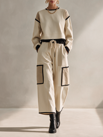 Women's Casual Black-Trim Round-Neck Dropped-Shoulder Long-Sleeve Cropped Top & Drawstring Cargo Wide-Leg Trouser Set MDZ2456H1CMX