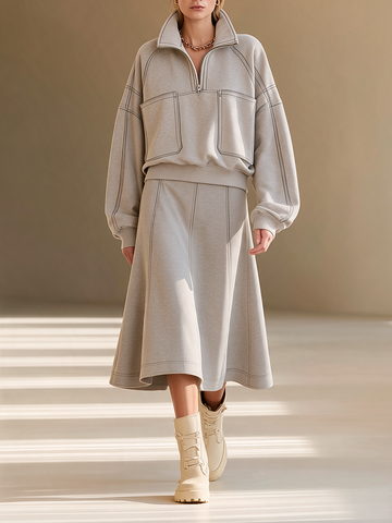 Women's Casual Half-Zip Stand-Collar Dropped-Shoulder Long-Sleeve Sweatshirt & High-Waisted A-Line Skirt Set MDZ2469H2CMX