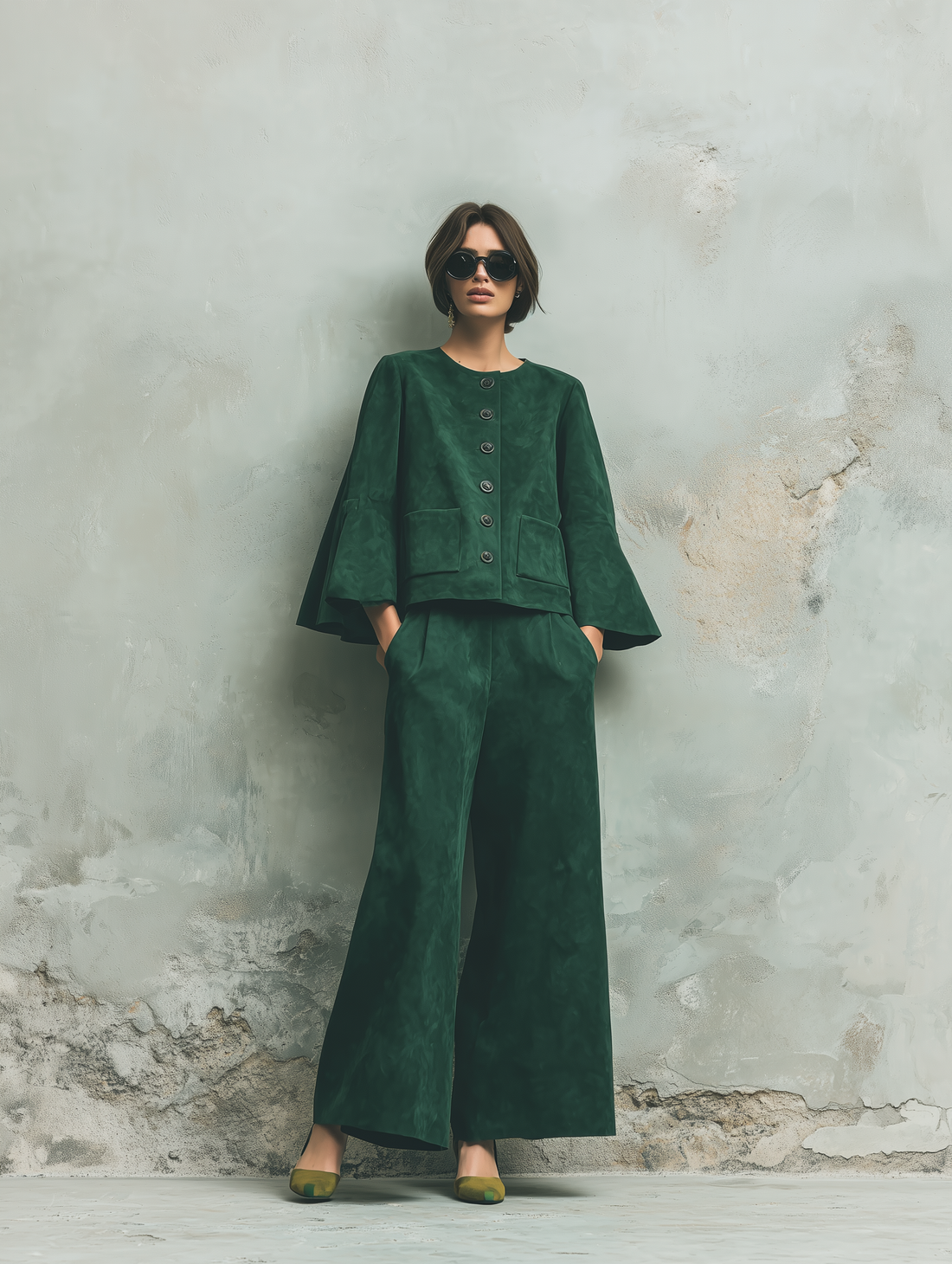 Women's Bell Sleeve Button Front Green Pants Set MDZ2493H3YZJ