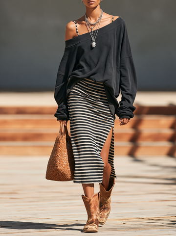 Women's Vintage-Wash Sweatshirt & Striped Midi Slip Dress Set MDZ2558H9WY