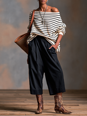 Women's Vintage Loose Striped T-Shirt And Mid-Length Pants Set MDZ2576H4WY