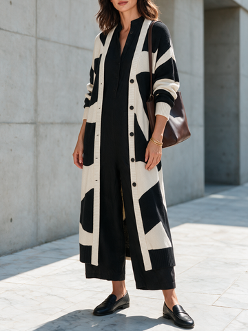 Women's Minimalist Abstract Jacquard Long Cardigan & Black Linen-Blend Jumpsuit Set MDZ2784H0WY