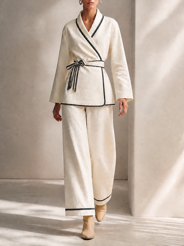 Women's Contrast-Trim Belted Wrap Top And Wide-Leg Pants Two-Piece Set MDZ2590H4CMX
