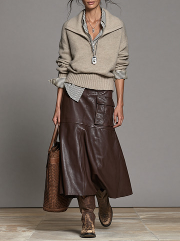 Women's Retro Zip-Collar Sweater And Faux Leather Midi Skirt Set MDZ2873H4WY