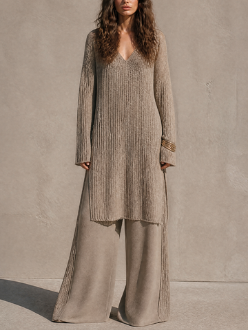 Women's Elegant Knit V-Neck Long Tunic And Panelled Wide-Leg Pants Set MDZ2870H5GMJ