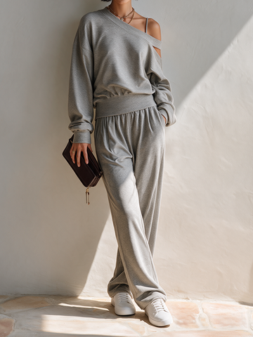 Women's Asymmetric Off-Shoulder Knit Sweat-Fabric Set MDZ0153I8ZRK