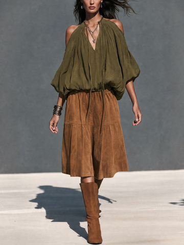 Women's Casual Olive Green Woven Top And A Brown Eco-Suede Skirt Two-Piece Set MDZ0130I7LXY
