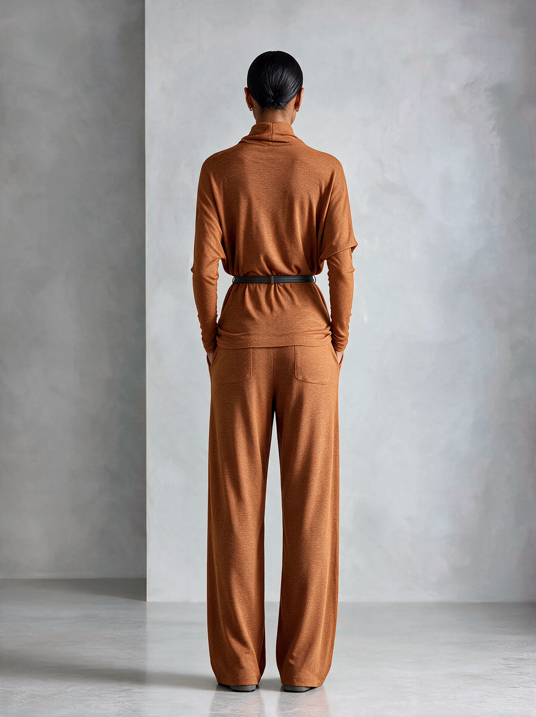 Women's Turtleneck Relaxed‑Fit Knit Top & Draping Wide‑Leg Trousers Set MDZ0238I7R